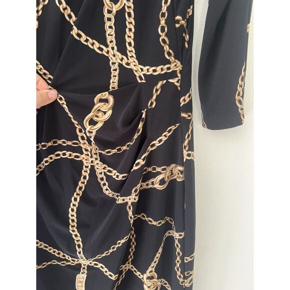 L AUREN RALPH LAUREN Black Gold Chain Link Jersey Dress Boat Neck bodycon sz 10 - Picture 7 of 11